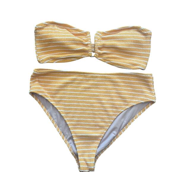 Shade Shore Women's Yellow Striped Two Piece High Waisted Bottom Swimsuit Large - Picture 1 of 4